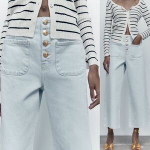 Zara High Waist Wide Leg Cropped Denim Jeans with Buttons
